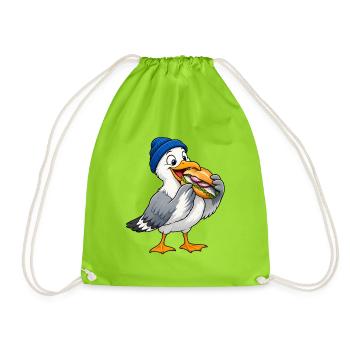 Möwe mit Beanie & Fischbrötchen – Küste - Turnbeutel - Neongrün - Vorne