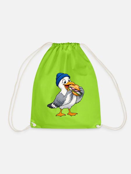 Möwe mit Beanie & Fischbrötchen – Küste - Turnbeutel - Neongrün