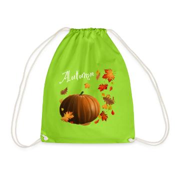 Autumn - Kürbis mit bunten Herbstblättern - Turnbeutel - Neongrün - Vorne