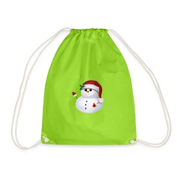 Schneemann mit Weihnachtsmütze - Winkend - Turnbeutel - Neongrün - Vorne