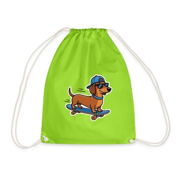 Cooler Dackel Skateboard Hund Skater T-Shirt - Turnbeutel - Neongrün - Vorne