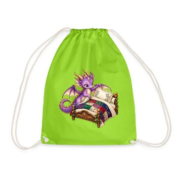 Lila Drache auf Quiltbett - Turnbeutel - Neongrün - Vorne