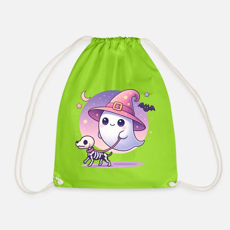 Pinker Hexen‑Geist mit Skelett‑Hund – Halloween - Turnbeutel - Neongrün