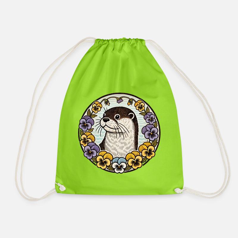 Otter in Floral Circle - Drawstring Bag - neon green