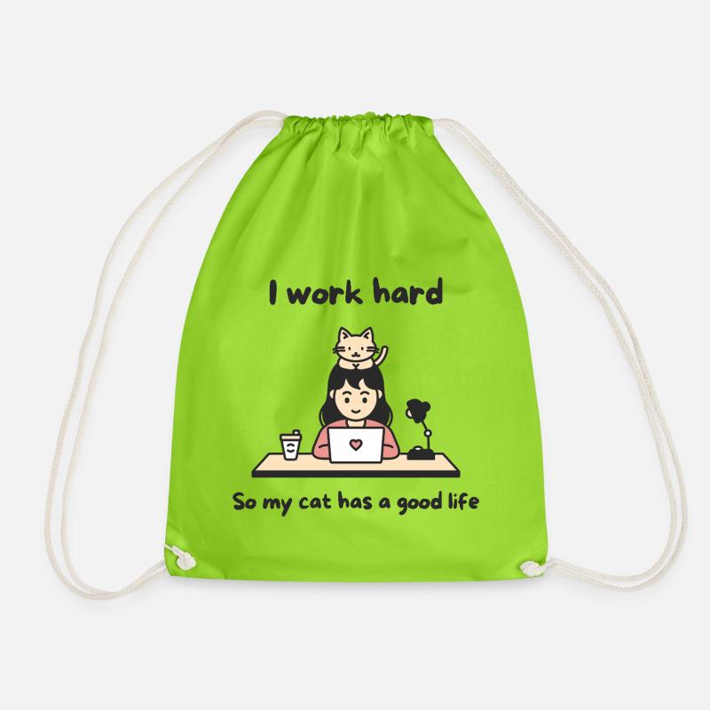 Desk Cat Hustle - Drawstring Bag - neon green