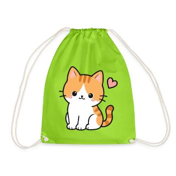 Cute Kawaii Kitten With Pink Heart - Drawstring Bag - neon green - Front