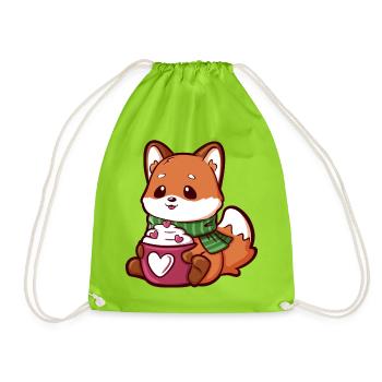 Cuddly Fox with Hearts Mug and Scarf - Drawstring Bag - neon green - Front