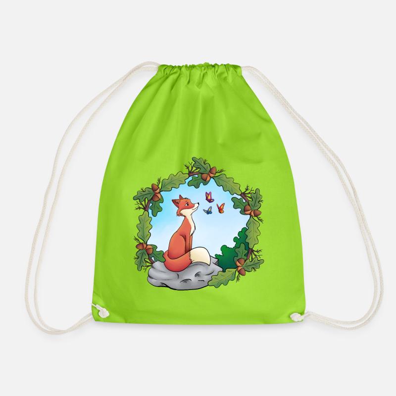 Fox and butterflies - Drawstring Bag - neon green