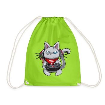Katze mit Kopfhörern - spielende Katze - Gamerkatze - Turnbeutel - Neongrün - Vorne