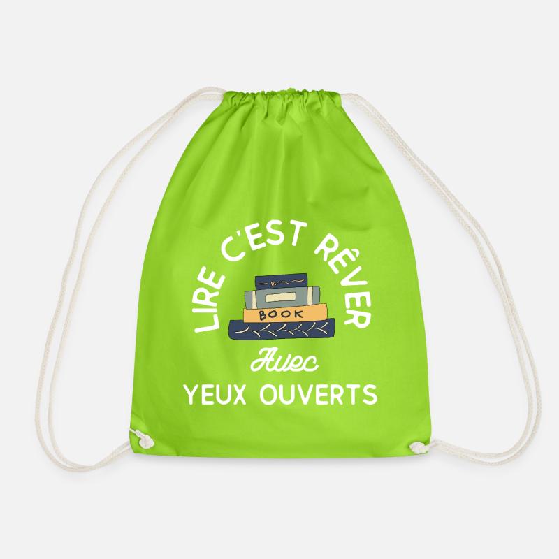 Reading is dreaming: stack of books - Drawstring Bag - neon green