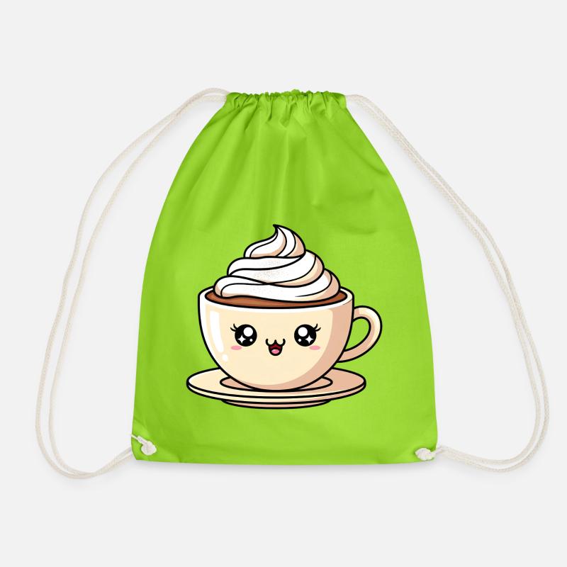 Kawaii Latte Cup Whipped Cream - Drawstring Bag - neon green