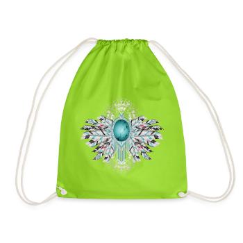 Artful bird feathers with turquoise in ethno style - Drawstring Bag - neon green - Front