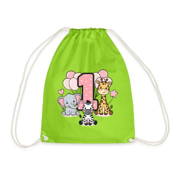 First Birthday Stuffed Animals Safari - Drawstring Bag - neon green - Front