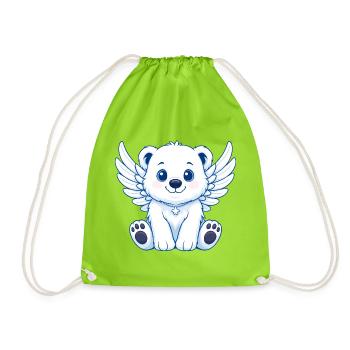 Cute Polar Bear Angel Cartoon with Wings Joy - Drawstring Bag - neon green - Front