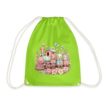 Pastel Train with Critters and Flowers - Drawstring Bag - neon green - Front