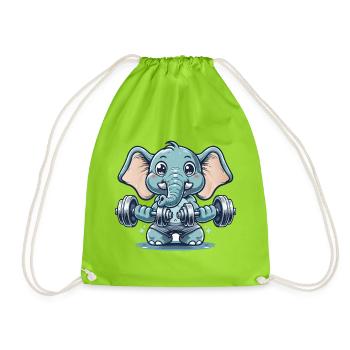 Cute cartoon elephant doing strength training - Drawstring Bag - neon green - Front