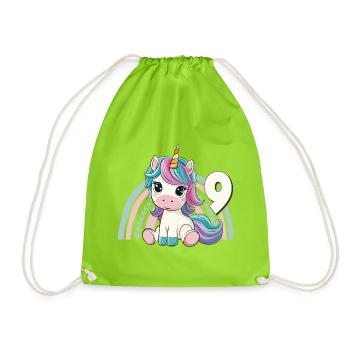 9th Birthday Unicorn Rainbow Cute Cute - Drawstring Bag - neon green - Front