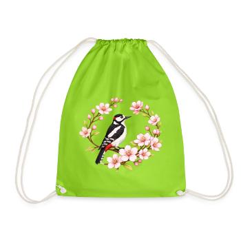 Great Spotted Woodpecker with Cherry Blossoms Spring Motif - Drawstring Bag - neon green - Front