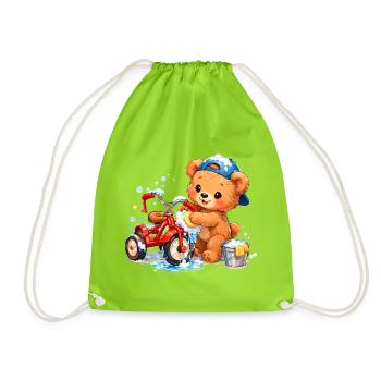 Kids Shirt Bear Cleaning Tricycle Spring Cleaning - Drawstring Bag - neon green - Front