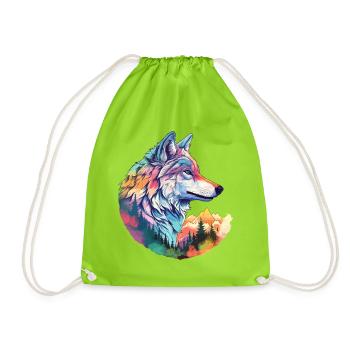 Wolf Wolf's Head Forest Nature Mountains Wilderness Colorful - Drawstring Bag - neon green - Front