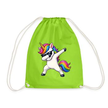 Regenbogen Unicorn Einhorn Dab mit Sonnenbrille - Turnbeutel - Neongrün - Vorne