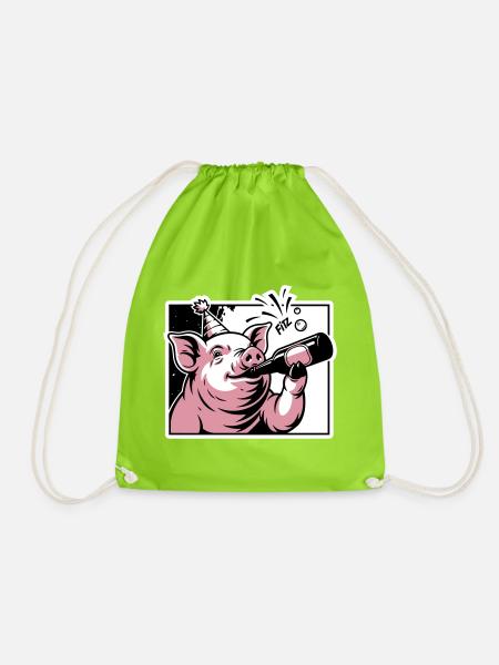Schweinchen mit Party- und Feierflasche - Turnbeutel - Neongrün