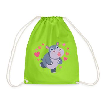 Herziger Hippo mit Herzen und Kussmund - Turnbeutel - Neongrün - Vorne