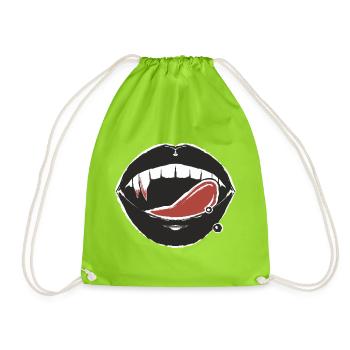 Schwarze Lippen und rotes Zungenpiercing - Turnbeutel - Neongrün - Vorne