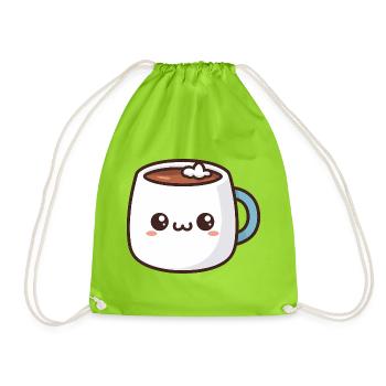 Kawaii Hot Chocolate Mug - Drawstring Bag - neon green - Front