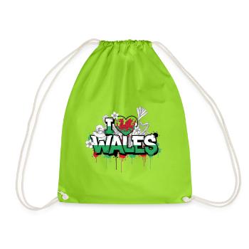 Vibrant Wales flag Love Graffiti Design - Drawstring Bag - neon green - Front
