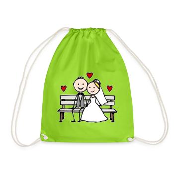 Wedding couple cartoon on the bench - Drawstring Bag - neon green - Front