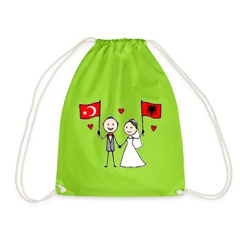 Wedding Couple Turkey Albania Flag - Drawstring Bag - neon green - Front
