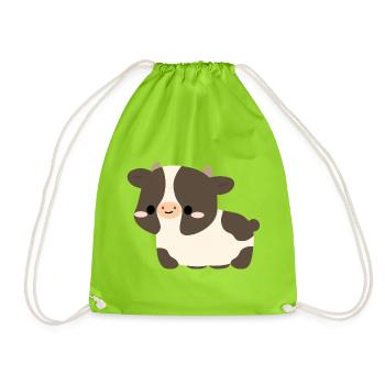 Belted Galloway Cow Cartoon Cozy Print - Drawstring Bag - neon green - Front
