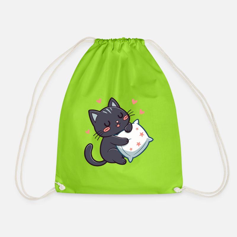 Sternenknusche, schwarze Katze mit Kissen - Turnbeutel - Neongrün