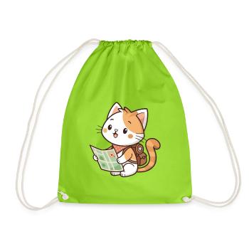 Kawaii explorer cat reading card - Drawstring Bag - neon green - Front
