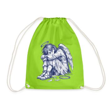 Sad Angel | Hand Painted Drawing - Drawstring Bag - neon green - Front