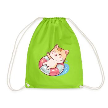 Swimming Cat on Lifebuoy - Drawstring Bag - neon green - Front