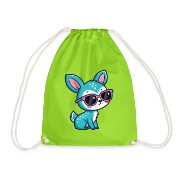 Kawaii Turquoise Doe in Pink Glasses - Drawstring Bag - neon green - Front
