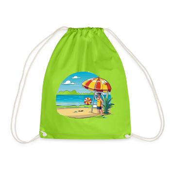 Beach vacation cartoon with umbrella - Drawstring Bag - neon green - Front