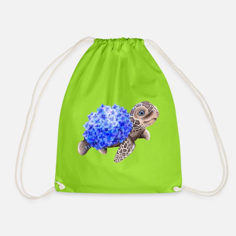 Schildkröte mit Hydrangea Hortensien - Turnbeutel - Neongrün