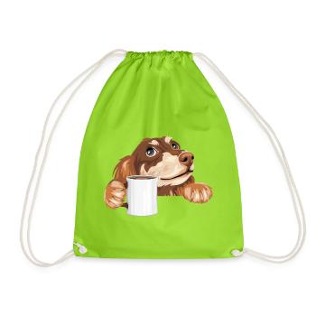 Dreaming dachshund peeking out with a cup - Drawstring Bag - neon green - Front
