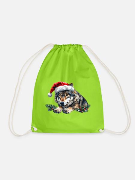 Weihnachtswolf-Weihnachtsmützen-Kunst - Turnbeutel - Neongrün
