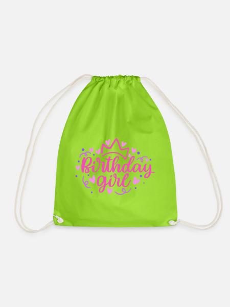 Birthday Girlie mit Krone Herzchen Konfetti - Turnbeutel - Neongrün