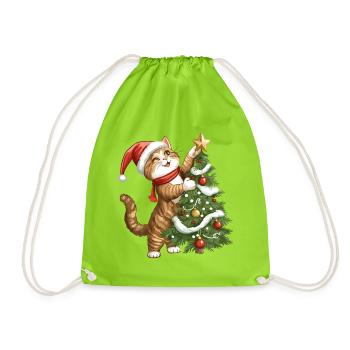 Cat Christmas Tree Christmas Xmas Cute Funny - Drawstring Bag - neon green - Front