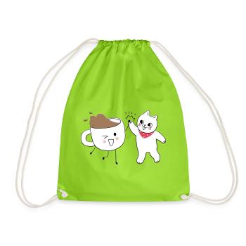 Süße Katze und Kaffeetasse High Five - Turnbeutel - Neongrün - Vorne