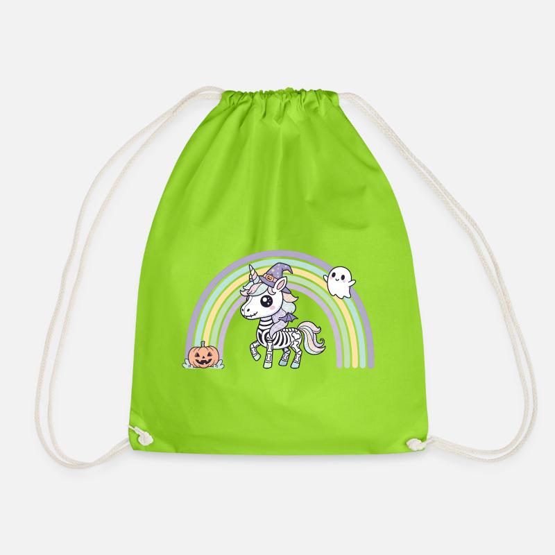 BOHO Skelett‑Einhorn mit Regenbogen – Halloween - Turnbeutel - Neongrün