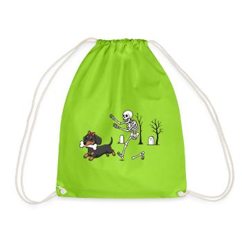 Dackel und Skelett Halloween-Jagd - Turnbeutel - Neongrün - Vorne