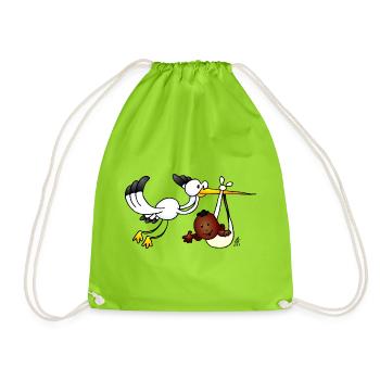 Whimsical Stork and Baby Bird Illustration - Drawstring Bag - neon green - Front