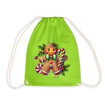 Fröhlicher Lebkuchenmann mit Zuckerstange - Turnbeutel - Neongrün - Vorne