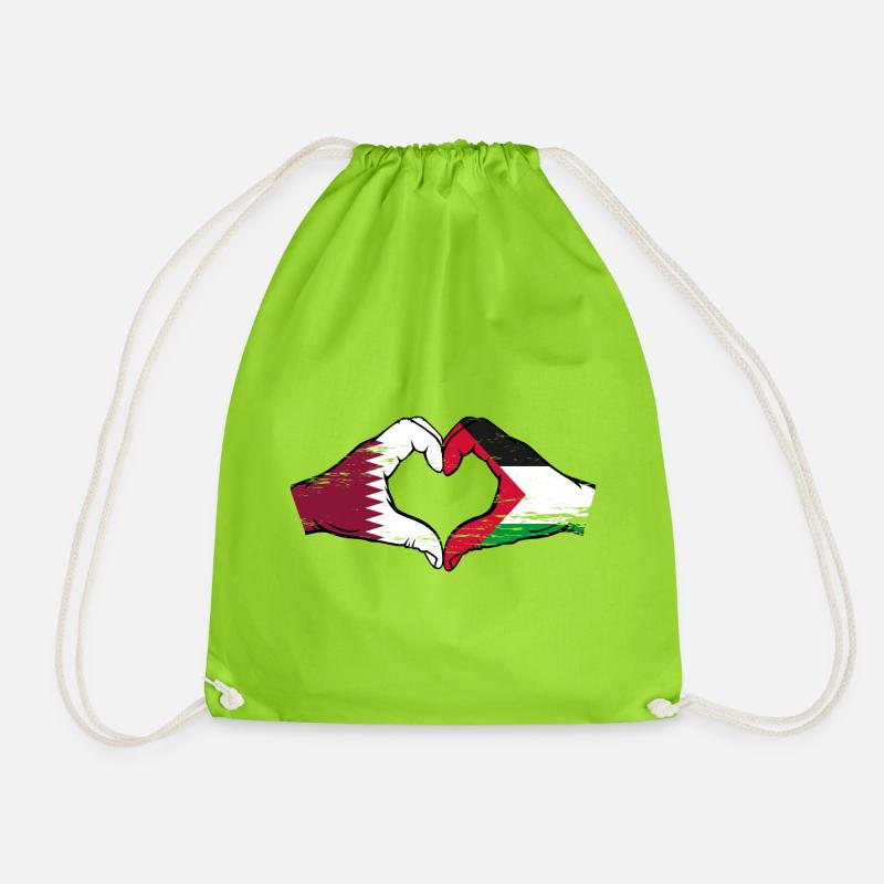 Qatar Palestine flag hands heart shape used - Drawstring Bag - neon green